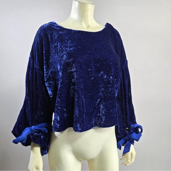 Free People Royal Blue Crop Velvet Renaissance Romantic Blouson Sleeve Holiday - Picture 1 of 7